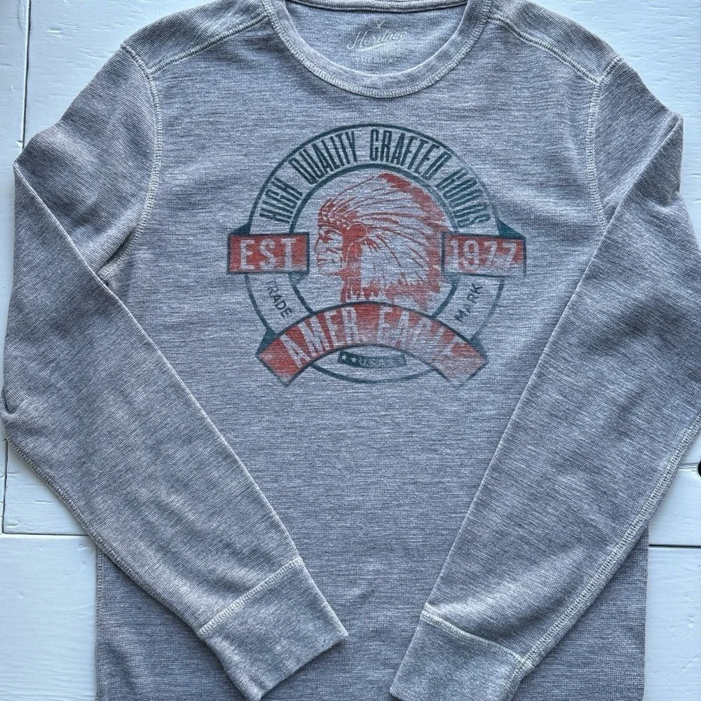 American Eagle Mens M Thermal Shirt Gray Graphic‎ Long Sleeve Waffle Knit